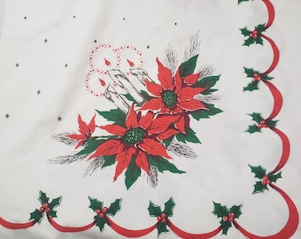 Large Christmas Tablecloth with candles, poinsettias and holly