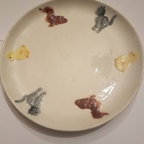 1959 Vintage Goebel Child's Plate with a Daschund,  Black Cat and Baby Chick