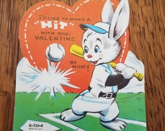 Vintage Paper Valentine Bunny Playing Baseball  Theme