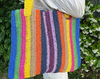 Colorful Crochet Beach Bag - Handmade Paper Yarn Knit Bag - Summer Casual Shoulder Bag - Straw Bag - Gift for Her