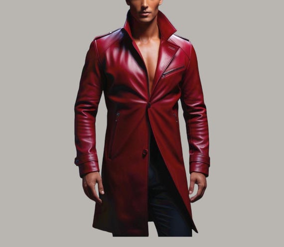 Rindsleder Herren Roter Mantel Handgefertigter Echtleder