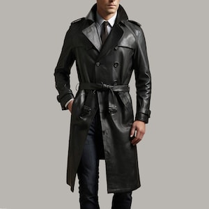 Sheep Leather Trench Coat - Handmade Black Leather Long Coat
