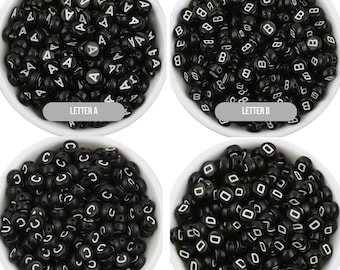 White Letter A-Z Alphabet Individual Beads, Black beads with White Letters (7MM)