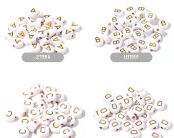 GOLD Letter A-Z Alphabet Individual Beads, White beads with Gold Letters (7MM)