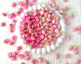 14mm x 11mm Light/Dark Pink Strawberry, Fruit Themed Mini Flatback Cabochons