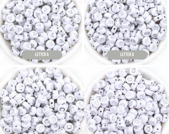 SILVER Letter A-Z Alphabet Individual Beads, White with Silver Letters (7MM)