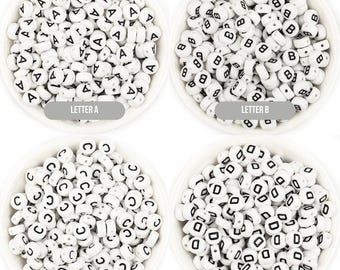 BLACK Letter A-Z Alphabet Individual Beads, White beads with Black Letters (7MM)