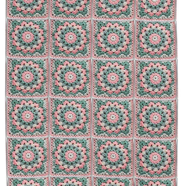 Pink and sage green granny square crochet circle Velveteen Plush Blanket vintage look mothers day gift crochet blanket