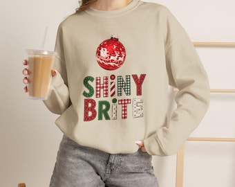 Shiny Brite faux patchwork Crewneck graphic Sweatshirt retro vintage Christmas flocked Santa ornament sweater