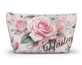 Personalized Bride bridesmaids custom pink rose Accessory Pouch makeup bag name initials bride gift floral pastel pink