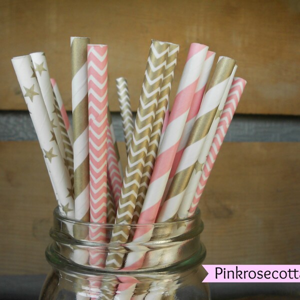 Gold and Pink striped chevron stars paper straws retro vintage look 25 weddings princess bridal shower