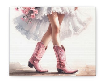 Country western pastel pink cowgirl boots white dress wildflowers Canvas Gallery Wraps painting wall art vintage room decor