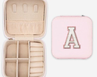 Bridesmaid friend gift  Personalized pink gold  chenille initial letter jewelry travel case gift custom monogram travel case Mothers Day