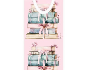 Pastel pink vintage look stacked books ribbon bow floral Bookmark book club gift simply cottage chic