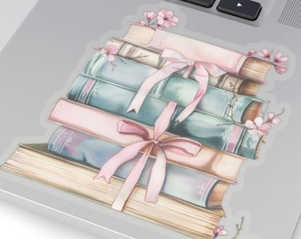 Pastel pink book stack floral pink ribbon books die cut stickers Sticker Sheets book club gift vinyl waterproof white flower sticker