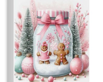 Pink pastel gingerbread girl and boy digital download Christmas wall art pink bow kitchen print ornaments bottle brush trees