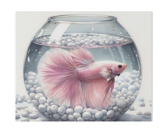 Light pink betta fish in bowl watercolor painting Matte Canvas, Stretched wall art tropical print shelf
