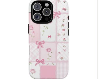 iPhone Case Shabby Pink Roses Bows Tough Case Patchwork Quilt Design Floral Phone  Samsung Coquette Pattern