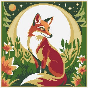 Motif de point de croix renard dans une forêt au clair de lune | PDF numérique 200 x 200 | Motif de broderie animal des bois | Tableau de broderie Nature moderne