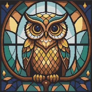 Stained Glass Owl Cross Stitch Pattern – 250x250 PDF – 13 DMC Colors