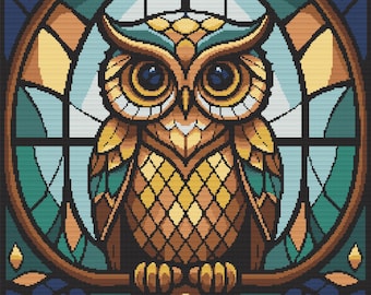 Stained Glass Owl Cross Stitch Pattern – 250x250 PDF – 13 DMC Colors