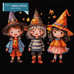 Kids Halloween Cross Stitch Pattern: Children Costumes, Pumpkin Witch Hat (Digital Download)