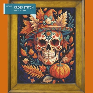 Halloween Sugar Skull Cross Stitch Pattern: Autumn Colors - Digital PDF