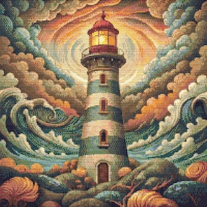 Lighthouse Cross Stitch Pattern: Coastal Ocean Scene in Color