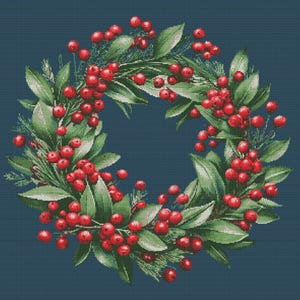 May include: A Christmas wreath made of green leaves and red berries on a dark blue background.