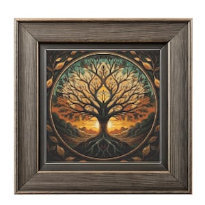 May include: A framed cross-stitch artwork depicting a stylized tree with a sunset background. The tree is surrounded by a circular frame with leaves. The colors are predominantly brown, green, and orange.