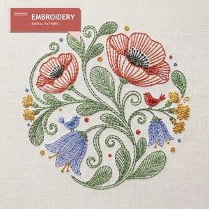 Poppies and Bluebells Embroidery Pattern: Hand-Drawn Floral Design