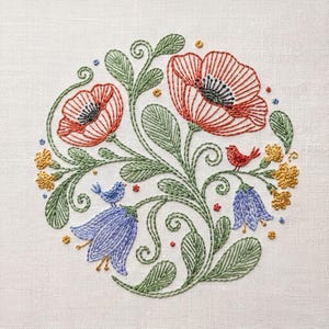 Poppies and Bluebells Embroidery Pattern: Hand-Drawn Floral Design
