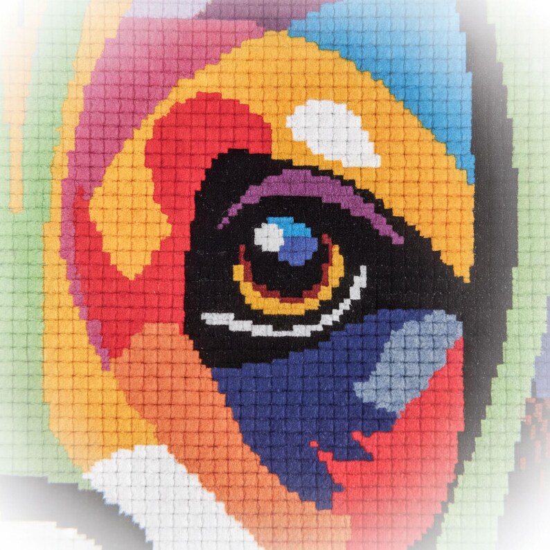 The image is a close-up of a colorful, pixelated eye.
