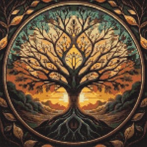 Sunset Tree of Life Cross Stitch Pattern - Cozy Boho Design