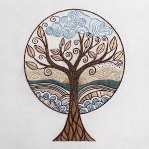 May include: Embroidered artwork featuring a tree within a circle. The tree has brown branches and tan leaves, with a blue cloud at the top. The background includes tan, teal, and blue patterns, all on a white background.