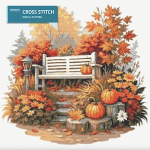 Kreuzstichmuster Herbst Garten Bank, Kürbisse (PDF Download)