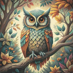 Puede incluir: Un búho colorido con plumas marrones, azules y verdes posado en una rama en un entorno boscoso. El búho tiene ojos grandes y redondos y un pico afilado. El fondo presenta una variedad de árboles y hojas en tonos de verde, marrón y amarillo.