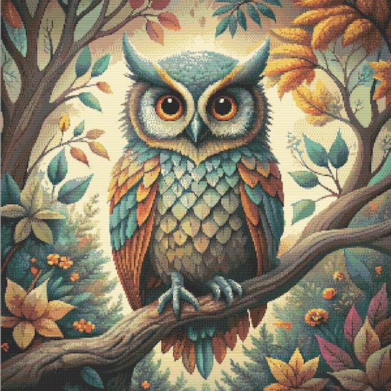 Forest Owl in Autumn - Modern Cross Stitch Pattern