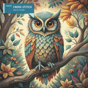 Sowa leśna jesienią – nowoczesny wzór krzyżykowy