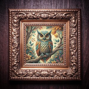 A whimsical  woodland owl awaits you! Nature stitch pattern depicting a owl sitting on a branch, surrounded by nature in a forrest setting.