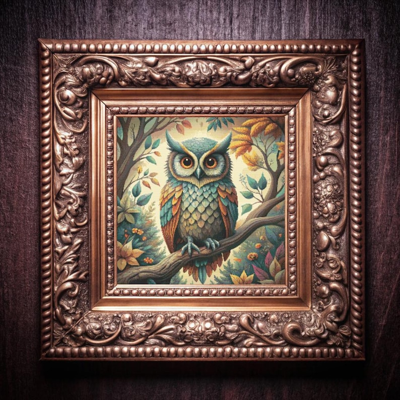A whimsical  woodland owl awaits you! Nature stitch pattern depicting a owl sitting on a branch, surrounded by nature in a forrest setting.