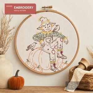 Fall Scarecrow Embroidery Pattern, Beginner Friendly PDF, Autumn Pumpkins Hoop Art