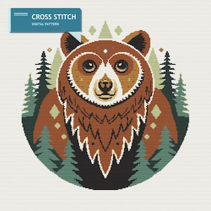 Woodland Bear Cross Stitch Pattern: Forest Landscape with Pine Trees