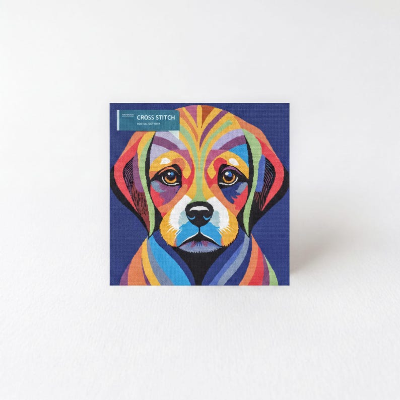 A colorful, abstract illustration of a dog's face, featuring vibrant shades of blue, yellow, orange, and red.