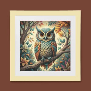 A vibrant cross stitch pattern depicting a whimsical owl perched on a branch, surrounded by colorful autumn foliage in a serene forest setting.