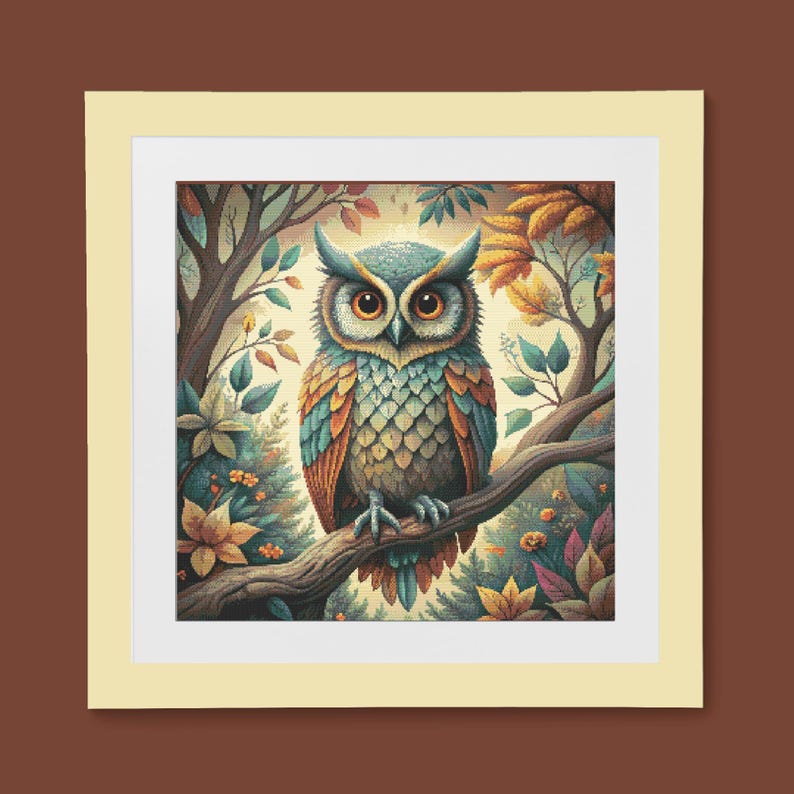 A vibrant cross stitch pattern depicting a whimsical owl perched on a branch, surrounded by colorful autumn foliage in a serene forest setting.