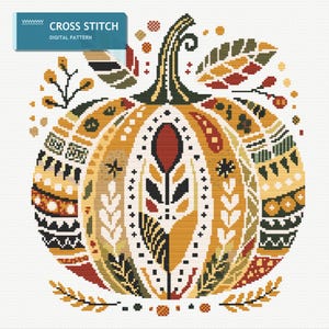 Patrón de punto de cruz de calabaza estilo bohemio: colores cálidos óxido y verde.