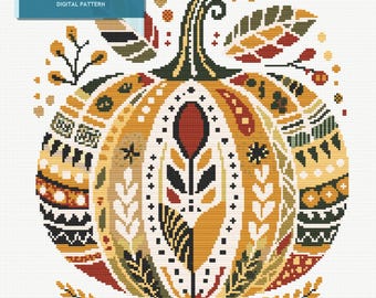 Boho Pumpkin Cross Stitch Pattern - Warm Rust and Green Colors