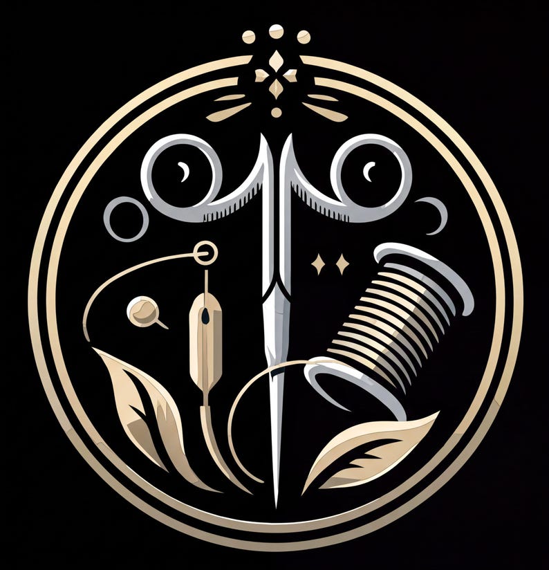 a circular design with various ornamental elements, including a pair of scissors, a spool of thread, and leaves.