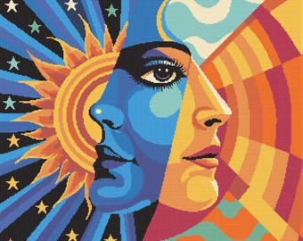 Celestial Fusion | Sun and Moon Face with Blue Orange Glow